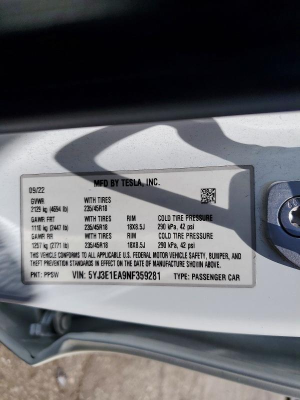 Продажа на аукционе авто 2022 Tesla Model 3, vin: 5YJ3E1EA9NF359281, номер лота: 65406326