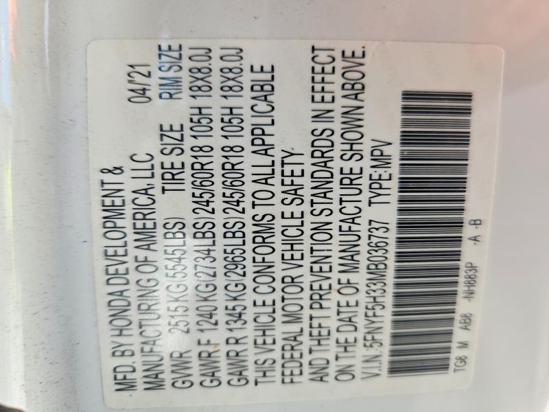 2021 Honda Pilot მანქანა იყიდება აუქციონზე, vin: 5FNYF5H33MB036737, აუქციონის ნომერი: 66214126