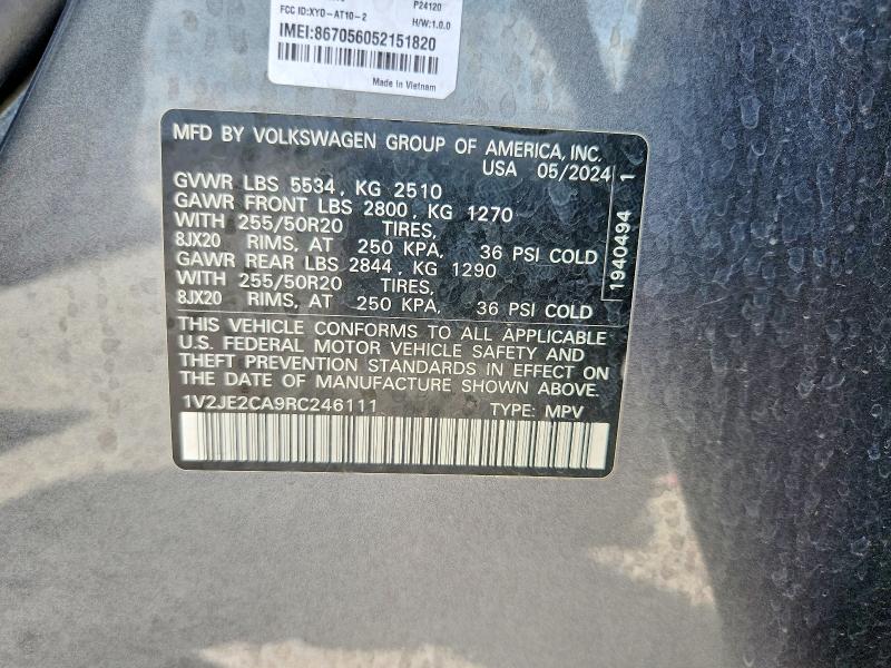 2024 Volkswagen Atlas Cross Sport მანქანა იყიდება აუქციონზე, vin: 1V2JE2CA9RC246111, აუქციონის ნომერი: 64117116