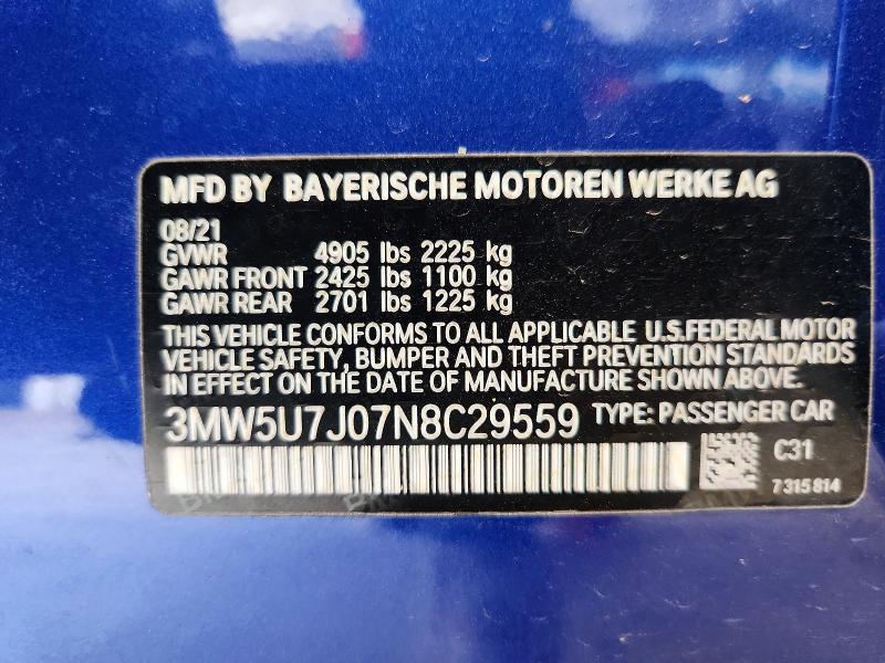 2022 Bmw M340i მანქანა იყიდება აუქციონზე, vin: 3MW5U7J07N8C29559, აუქციონის ნომერი: 64800366