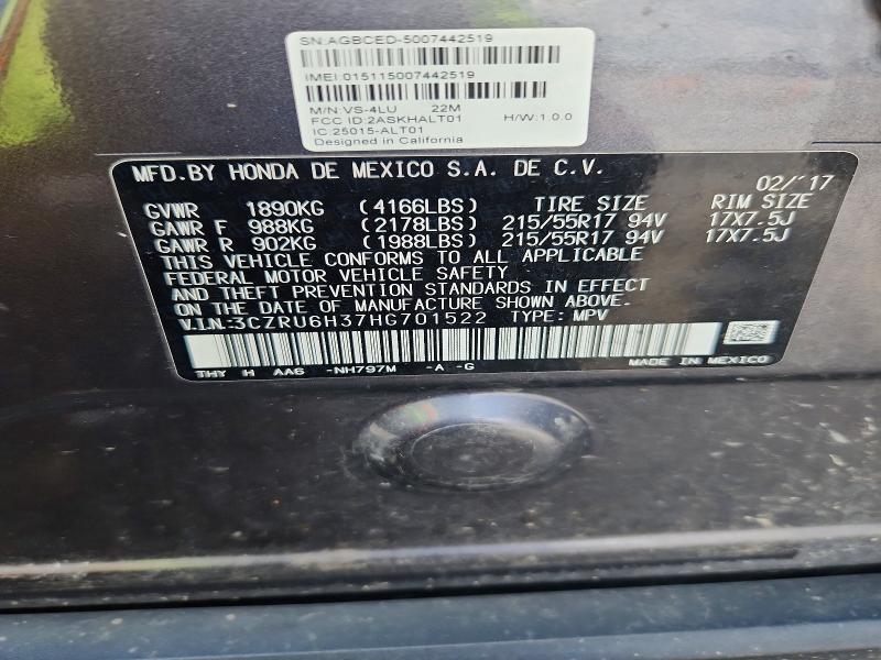 Aukcja sprzedaży 2017 Honda Hr-v, vin: 3CZRU6H37HG701522, numer aukcji: 65892796