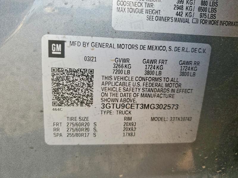 Aukcja sprzedaży 2021 Gmc Sierra, vin: 3GTU9CET3MG302573, numer aukcji: 64490416