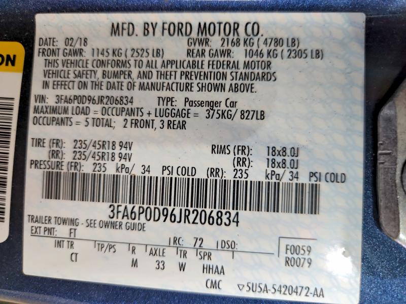 Aukcja sprzedaży 2018 Ford Fusion, vin: 3FA6P0D96JR206834, numer aukcji: 63866396