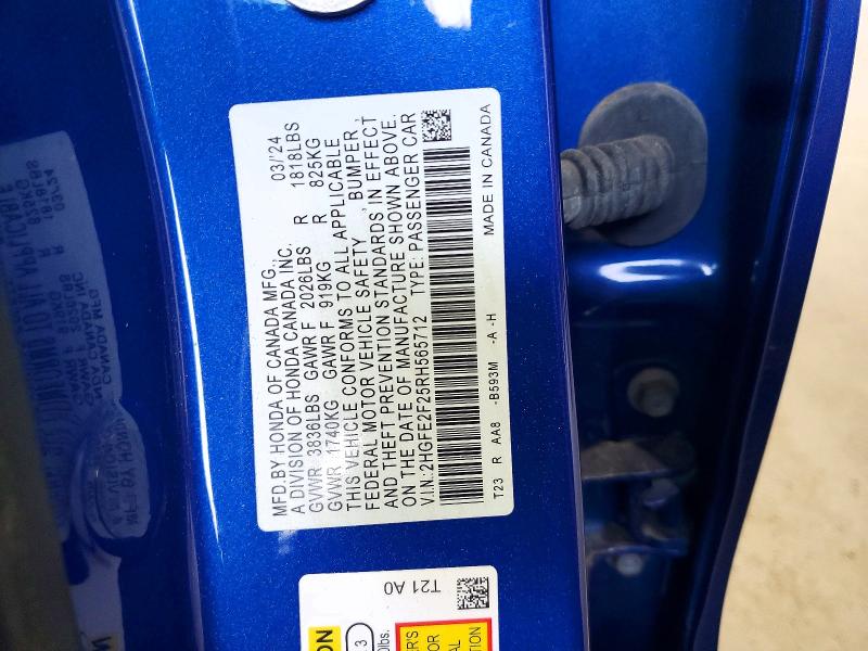 63805066 :رقم المزاد ، 2HGFE2F25RH565712 vin ، 2024 Honda Civic مزاد بيع