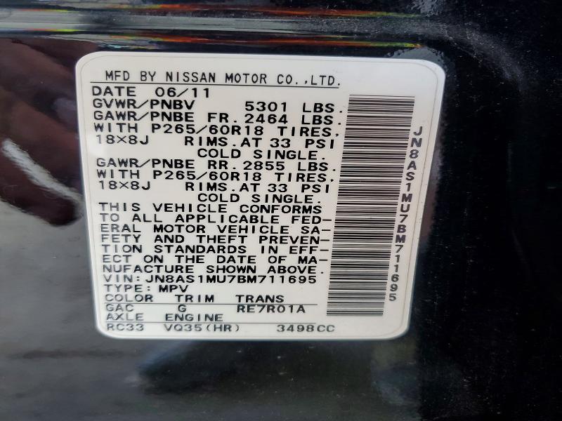 65365416 :رقم المزاد ، JN8AS1MU7BM711695 vin ، 2011 Infiniti Fx35 مزاد بيع