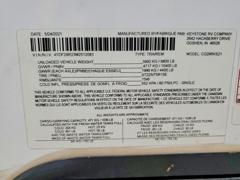 Продажа на аукционе авто 2021 Keystone 29rks, vin: 4YDF29R23M2512081, номер лота: 60975726