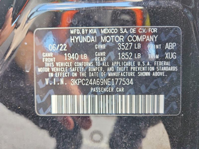 67299846 :رقم المزاد ، 3KPC24A69NE177534 vin ، 2022 Hyundai Accent مزاد بيع