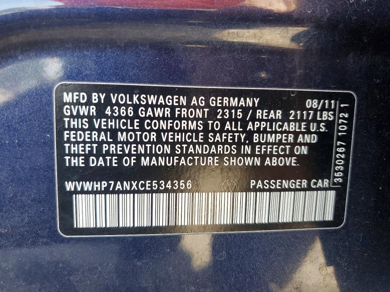 63608756 :رقم المزاد ، WVWHP7ANXCE534356 vin ، 2012 Volkswagen Cc مزاد بيع