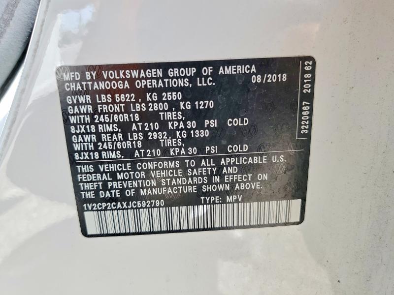 66107446 :رقم المزاد ، 1V2CP2CAXJC592790 vin ، 2018 Volkswagen Atlas مزاد بيع