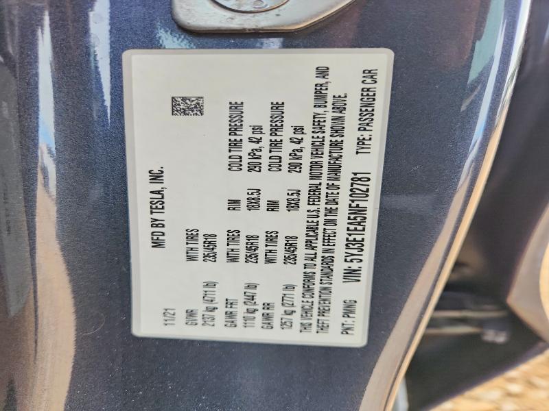 2022 Tesla Model 3 მანქანა იყიდება აუქციონზე, vin: 5YJ3E1EA5NF102781, აუქციონის ნომერი: 62590776