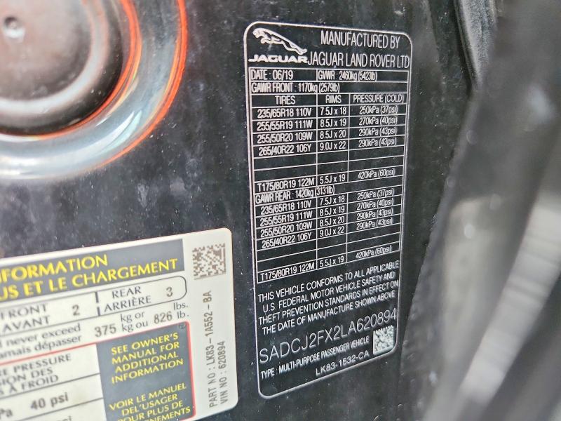 Продаж на аукціоні авто 2020 Jaguar F-pace, vin: SADCJ2FX2LA620894, номер лоту: 64147526