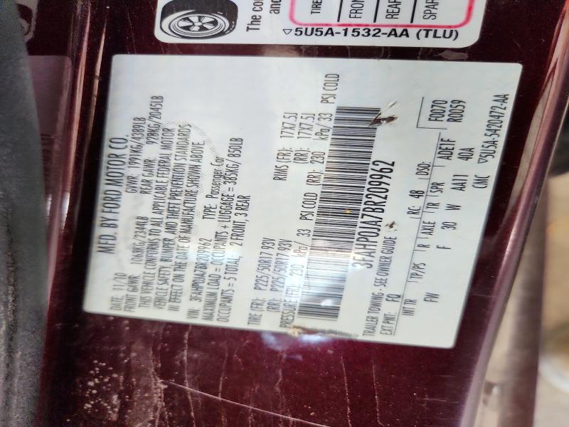 2011 Ford Fusion მანქანა იყიდება აუქციონზე, vin: 3FAHP0JA7BR209962, აუქციონის ნომერი: 62713646