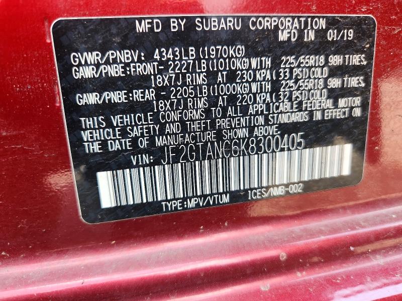 65625266 :رقم المزاد ، JF2GTANC6K8300405 vin ، 2019 Subaru Crosstrek مزاد بيع