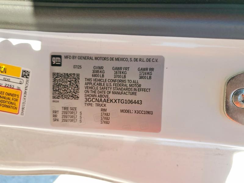 2026 Chevrolet Silverado მანქანა იყიდება აუქციონზე, vin: 3GCNAAEKXTG106443, აუქციონის ნომერი: 61373376