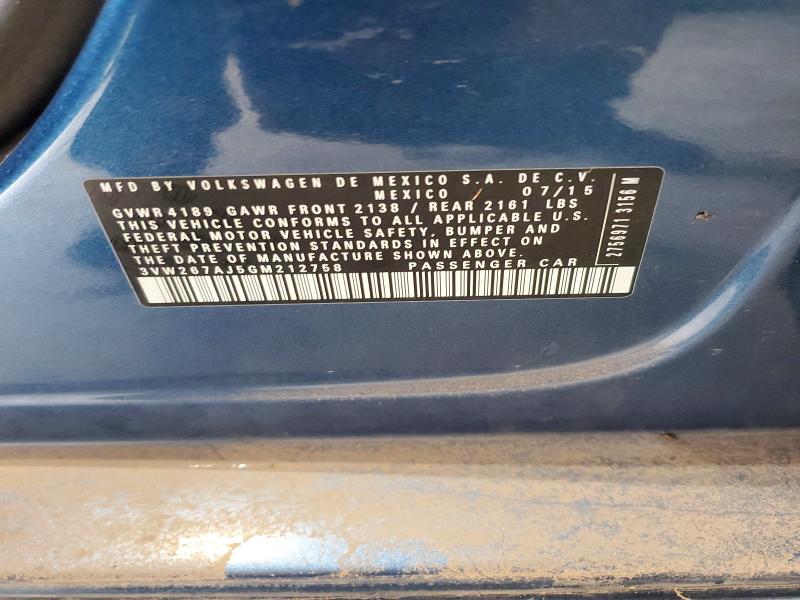 2016 Volkswagen Jetta მანქანა იყიდება აუქციონზე, vin: 3VW267AJ5GM212758, აუქციონის ნომერი: 63947726