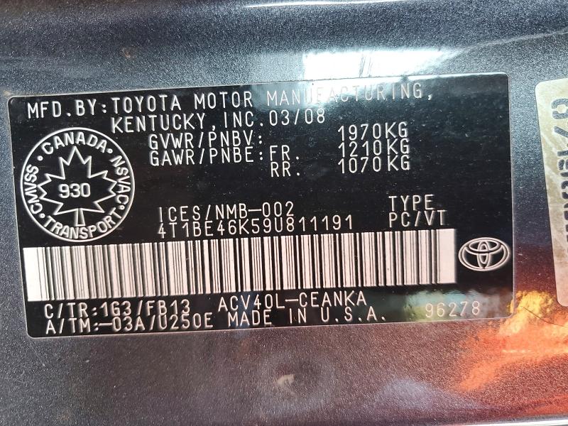 Продажа на аукционе авто 2009 Toyota Camry, vin: 4T1BE46K59U811191, номер лота: 63541816