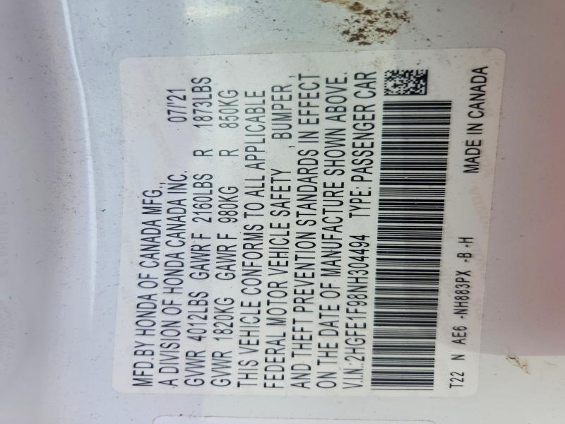 2022 Honda Civic მანქანა იყიდება აუქციონზე, vin: 2HGFE1F98NH304494, აუქციონის ნომერი: 64181136