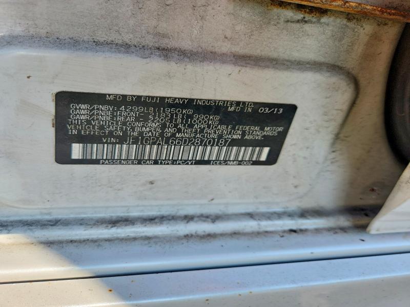 2013 Subaru Impreza მანქანა იყიდება აუქციონზე, vin: JF1GPAL66D2870187, აუქციონის ნომერი: 65652426