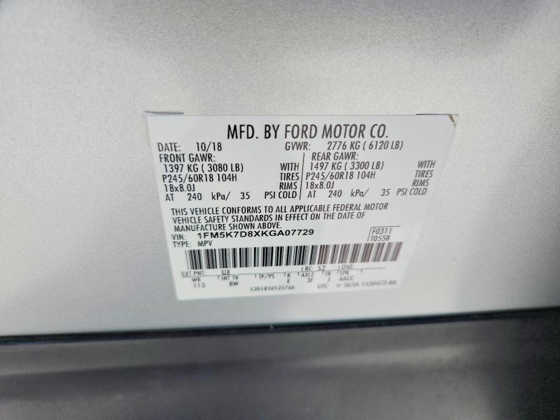 Aukcja sprzedaży 2019 Ford Explorer, vin: 1FM5K7D8XKGA07729, numer aukcji: 64305566