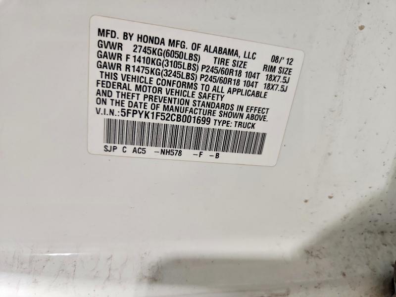 Продажа на аукционе авто 2012 Honda Ridgeline, vin: 5FPYK1F52CB001699, номер лота: 63781586