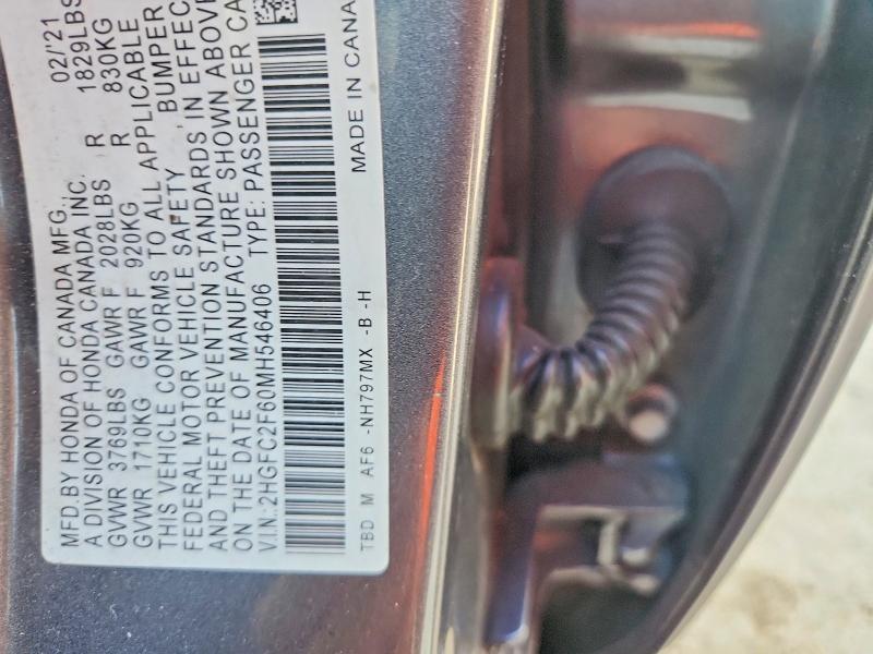 2021 Honda Civic მანქანა იყიდება აუქციონზე, vin: 2HGFC2F60MH546406, აუქციონის ნომერი: 64239546