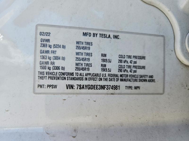 Продаж на аукціоні авто 2022 Tesla Model Y, vin: 7SAYGDEE3NF374981, номер лоту: 66591066