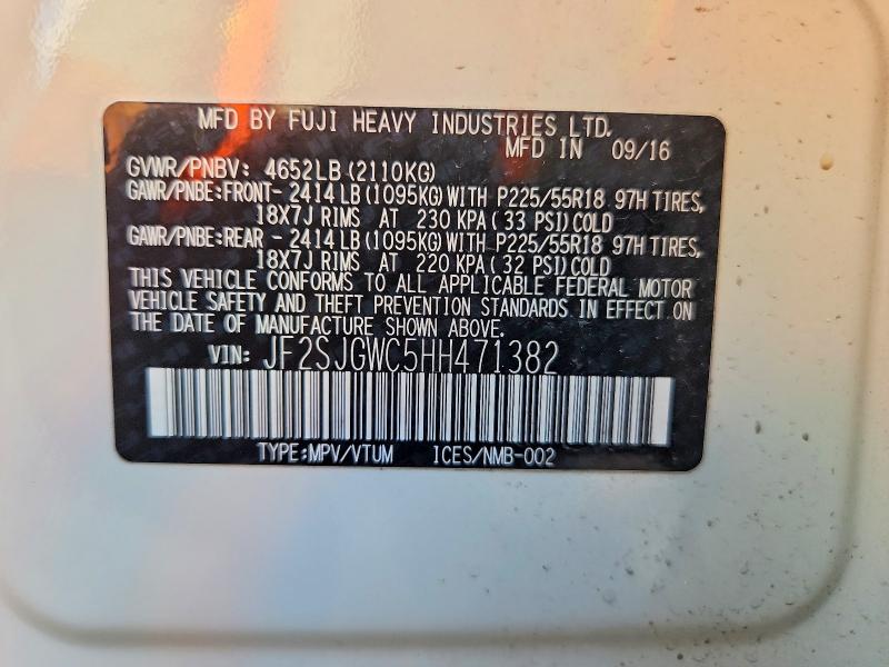 2017 Subaru Forester მანქანა იყიდება აუქციონზე, vin: JF2SJGWC5HH471382, აუქციონის ნომერი: 65866776