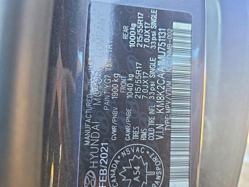 62753326 :رقم المزاد ، KM8K2CAA1MU751131 vin ، 2021 Hyundai Kona مزاد بيع