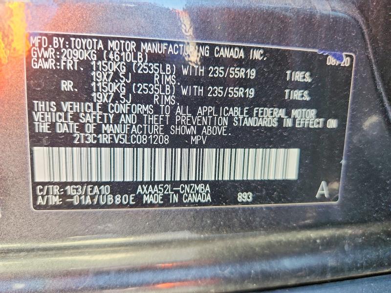 2020 Toyota Rav4 მანქანა იყიდება აუქციონზე, vin: 2T3C1RFV5LC081208, აუქციონის ნომერი: 65393356
