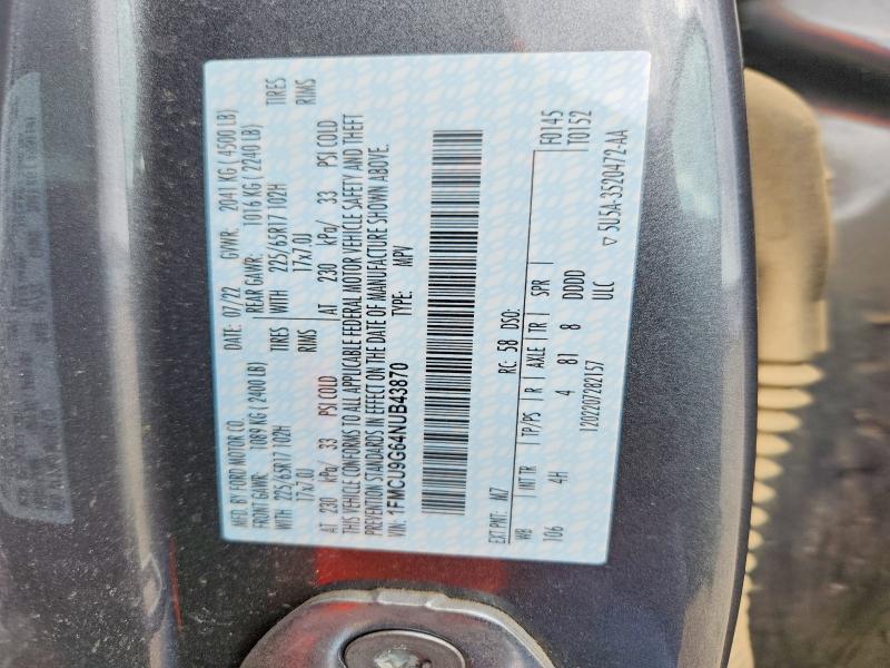 2022 Ford Escape მანქანა იყიდება აუქციონზე, vin: 1FMCU9G64NUB43870, აუქციონის ნომერი: 66015606