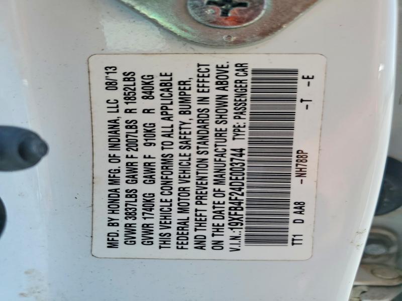 2013 Honda Civic მანქანა იყიდება აუქციონზე, vin: 19XFB4F24DE003744, აუქციონის ნომერი: 65099966