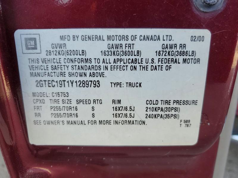 2000 Gmc New Sierra მანქანა იყიდება აუქციონზე, vin: 2GTEC19T1Y1289793, აუქციონის ნომერი: 63429066