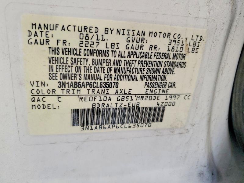2012 Nissan Sentra მანქანა იყიდება აუქციონზე, vin: 3N1AB6AP6CL635070, აუქციონის ნომერი: 64800836