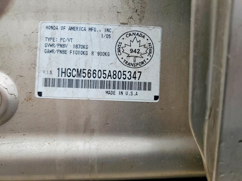 62018056 :رقم المزاد ، 1HGCM56605A805347 vin ، 2005 Honda Accord مزاد بيع