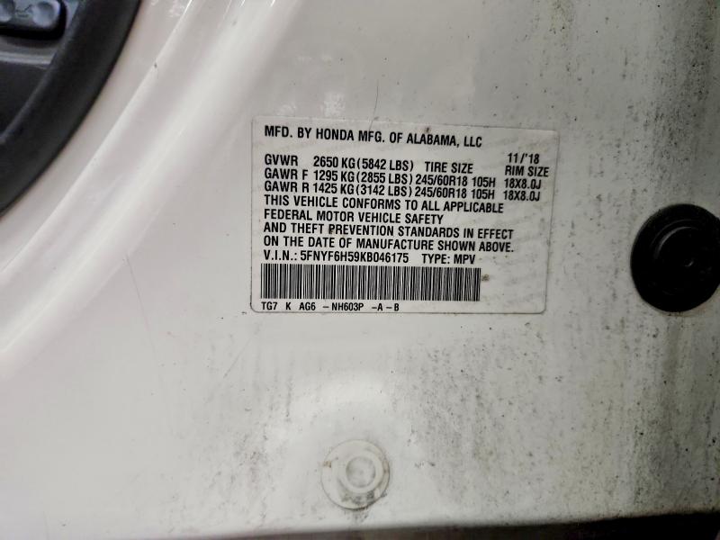 66919586 :رقم المزاد ، 5FNYF6H59KB046175 vin ، 2019 Honda Pilot مزاد بيع