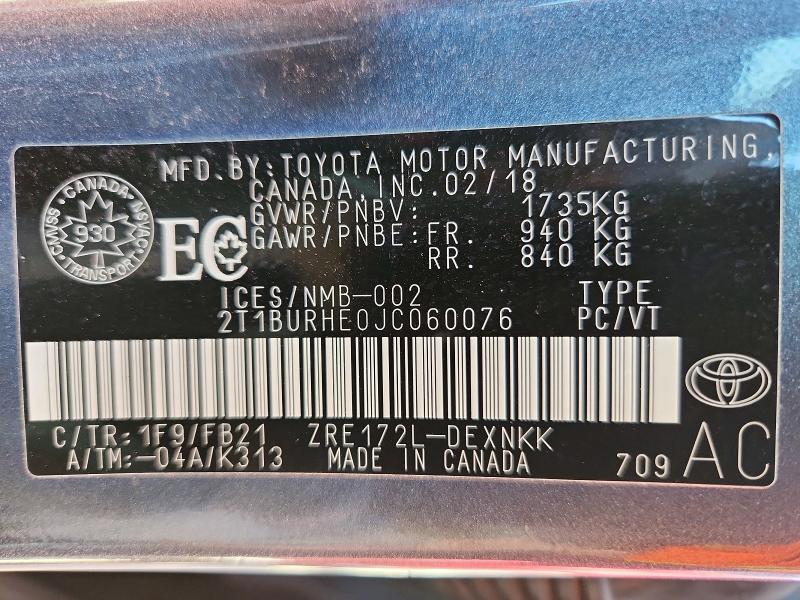 66187416 :رقم المزاد ، 2T1BURHE0JC060076 vin ، 2018 Toyota Corolla مزاد بيع