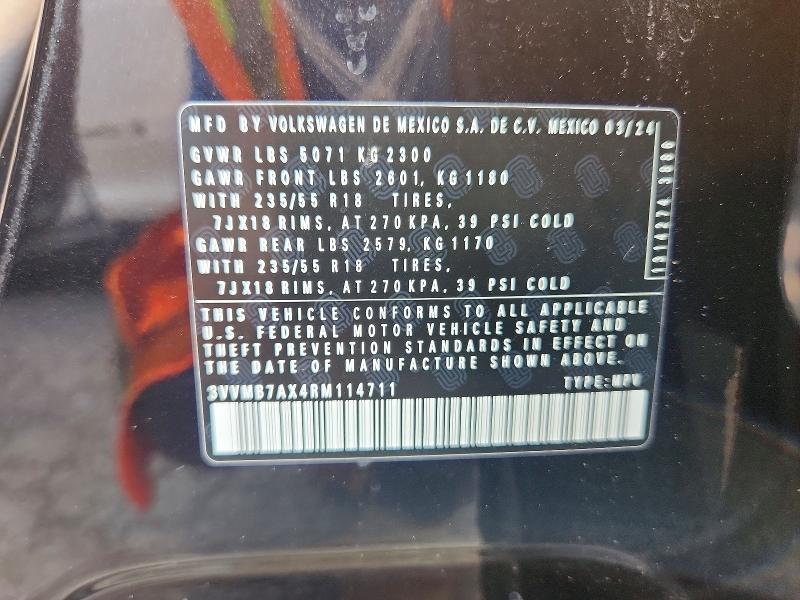 2024 Volkswagen Tiguan მანქანა იყიდება აუქციონზე, vin: 3VVMB7AX4RM114711, აუქციონის ნომერი: 64701876