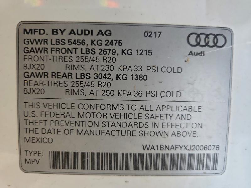 2018 Audi Q5 მანქანა იყიდება აუქციონზე, vin: WA1BNAFYXJ2006076, აუქციონის ნომერი: 63477896