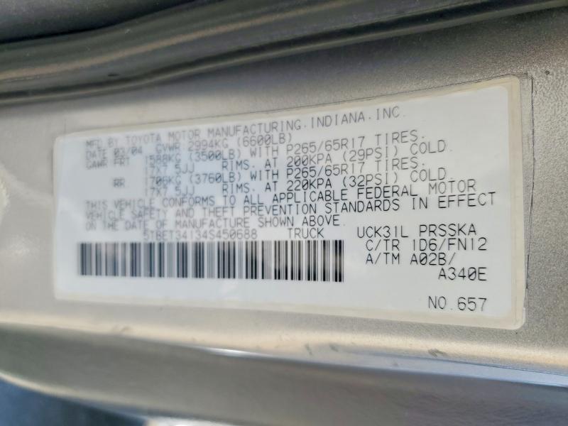 2004 Toyota Tundra მანქანა იყიდება აუქციონზე, vin: 5TBET34134S450688, აუქციონის ნომერი: 64124106