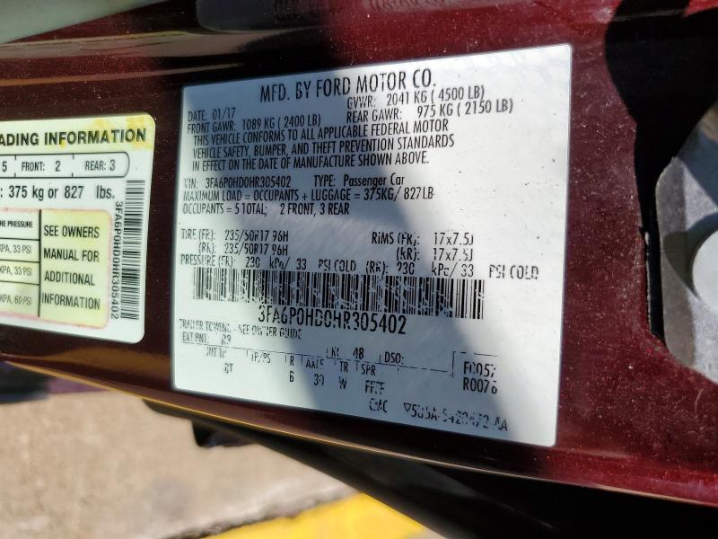 2017 Ford Fusion მანქანა იყიდება აუქციონზე, vin: 3FA6P0HD0HR305402, აუქციონის ნომერი: 66184236