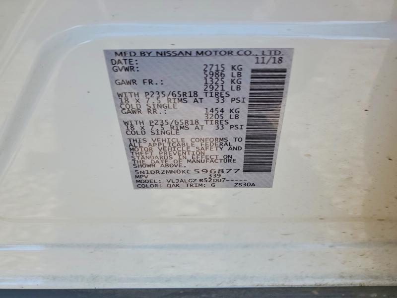 64544406 :رقم المزاد ، 5N1DR2MN0KC596877 vin ، 2019 Nissan Pathfinder مزاد بيع