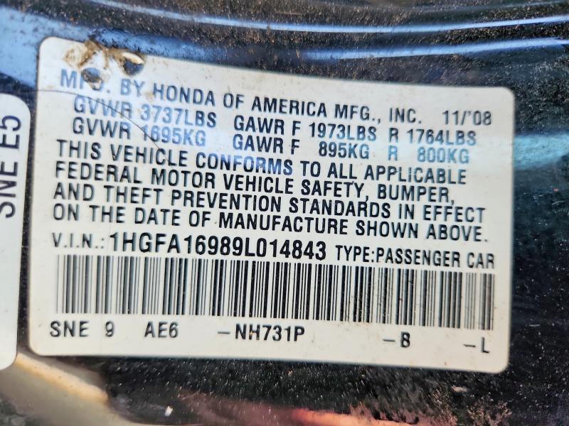 2009 Honda Civic მანქანა იყიდება აუქციონზე, vin: 1HGFA16989L014843, აუქციონის ნომერი: 63445036