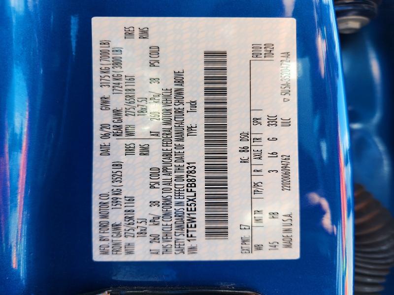 2020 Ford F150 მანქანა იყიდება აუქციონზე, vin: 1FTEW1E5XLFB87831, აუქციონის ნომერი: 64414686