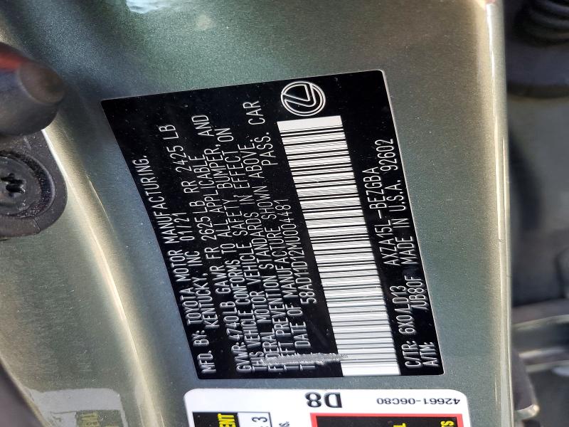 Aukcja sprzedaży 2021 Lexus Es 250, vin: 58AD11D12MU004481, numer aukcji: 61945156
