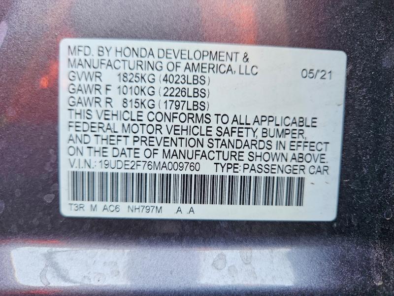 66271306 :رقم المزاد ، 19UDE2F76MA009760 vin ، 2021 Acura Ilx مزاد بيع