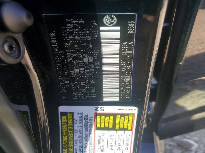 2019 Toyota Camry მანქანა იყიდება აუქციონზე, vin: 4T1B11HKXKU775401, აუქციონის ნომერი: 63953266