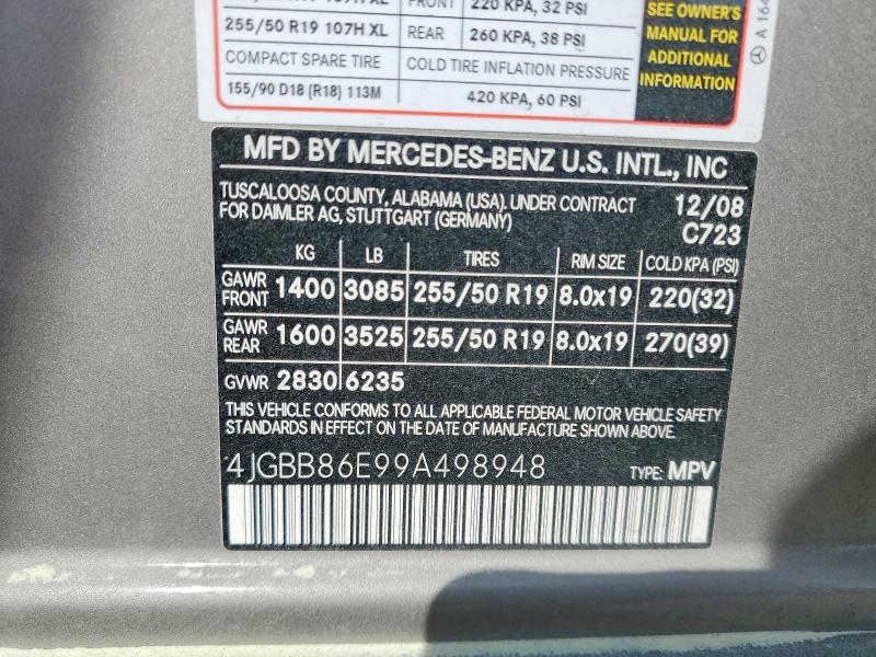 Auction sale of the 2009 Mercedes-benz Ml, vin: 4JGBB86E99A498948, lot number: 63809076