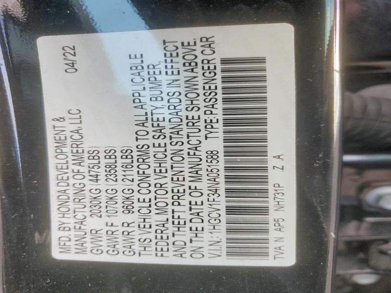 2022 Honda Accord მანქანა იყიდება აუქციონზე, vin: 1HGCV1F34NA051588, აუქციონის ნომერი: 64931836