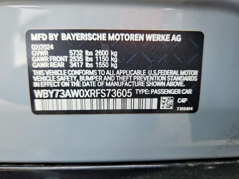 Aukcja sprzedaży 2024 Bmw I4, vin: WBY73AW0XRFS73605, numer aukcji: 64943016