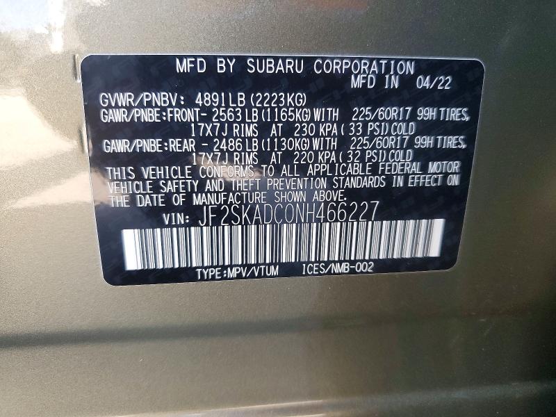 Aukcja sprzedaży 2022 Subaru Forester, vin: JF2SKADC0NH466227, numer aukcji: 64599176